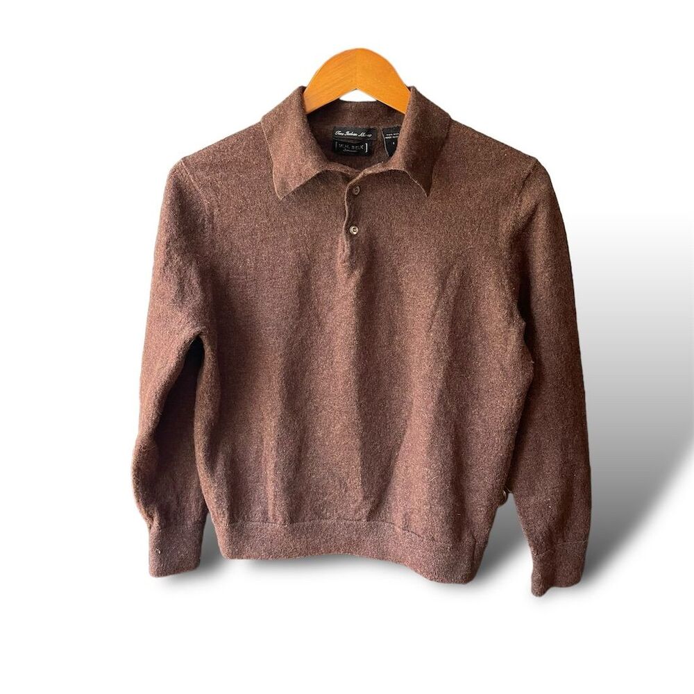 W.H. Belk Men's Large Brown Merino Wool Polo Sweater Long Sleeve Pullover